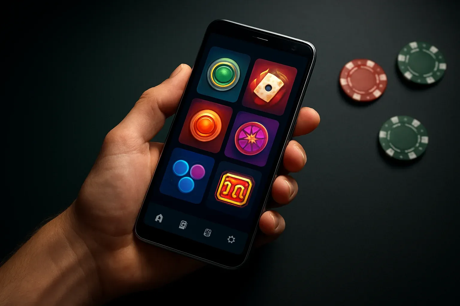 Flagship Android smartphone displaying vivid casino app interface in dramatic lighting