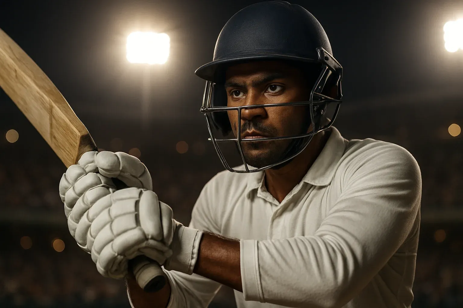 Bangladeshi cricket batsman in white kit mid-swing under stadium lights