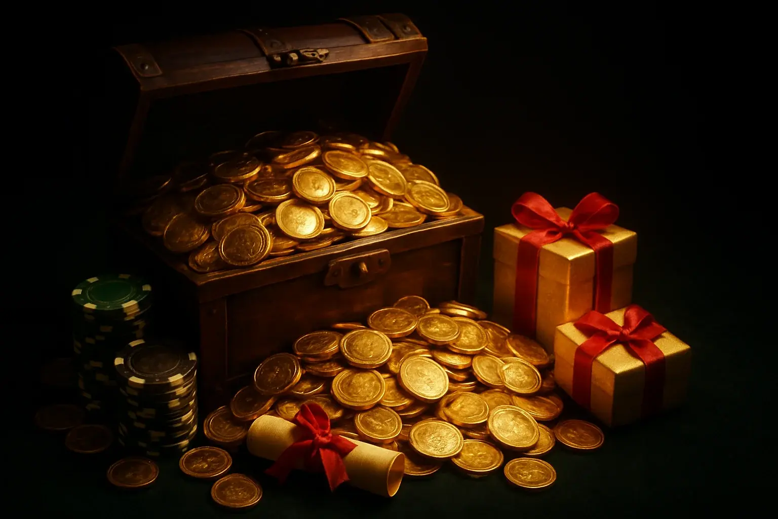 Overflowing treasure chest with gold coins, casino chips, vouchers, and gifts