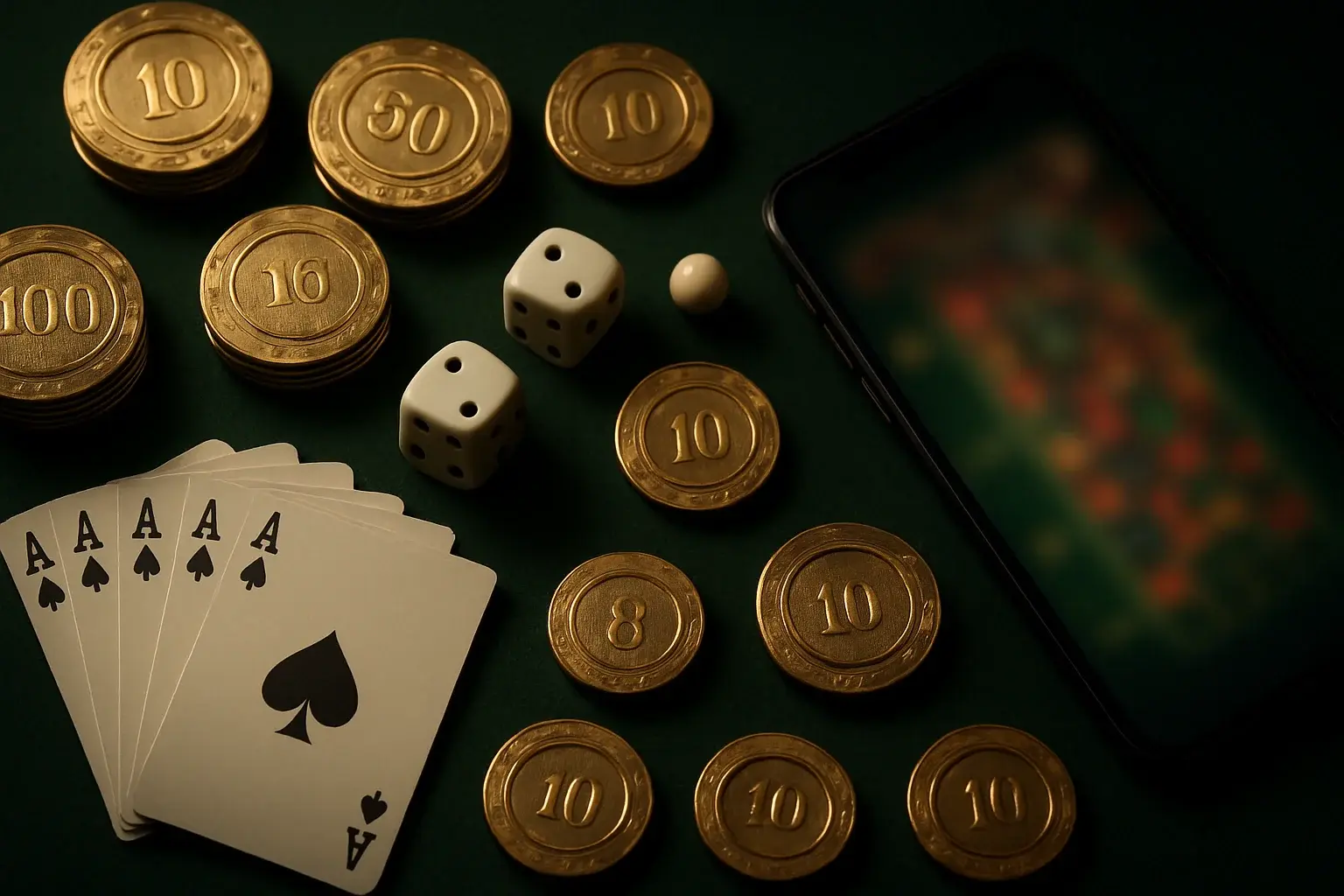 Top-down casino table with golden chips, cards, dice, roulette ball, smartphone
