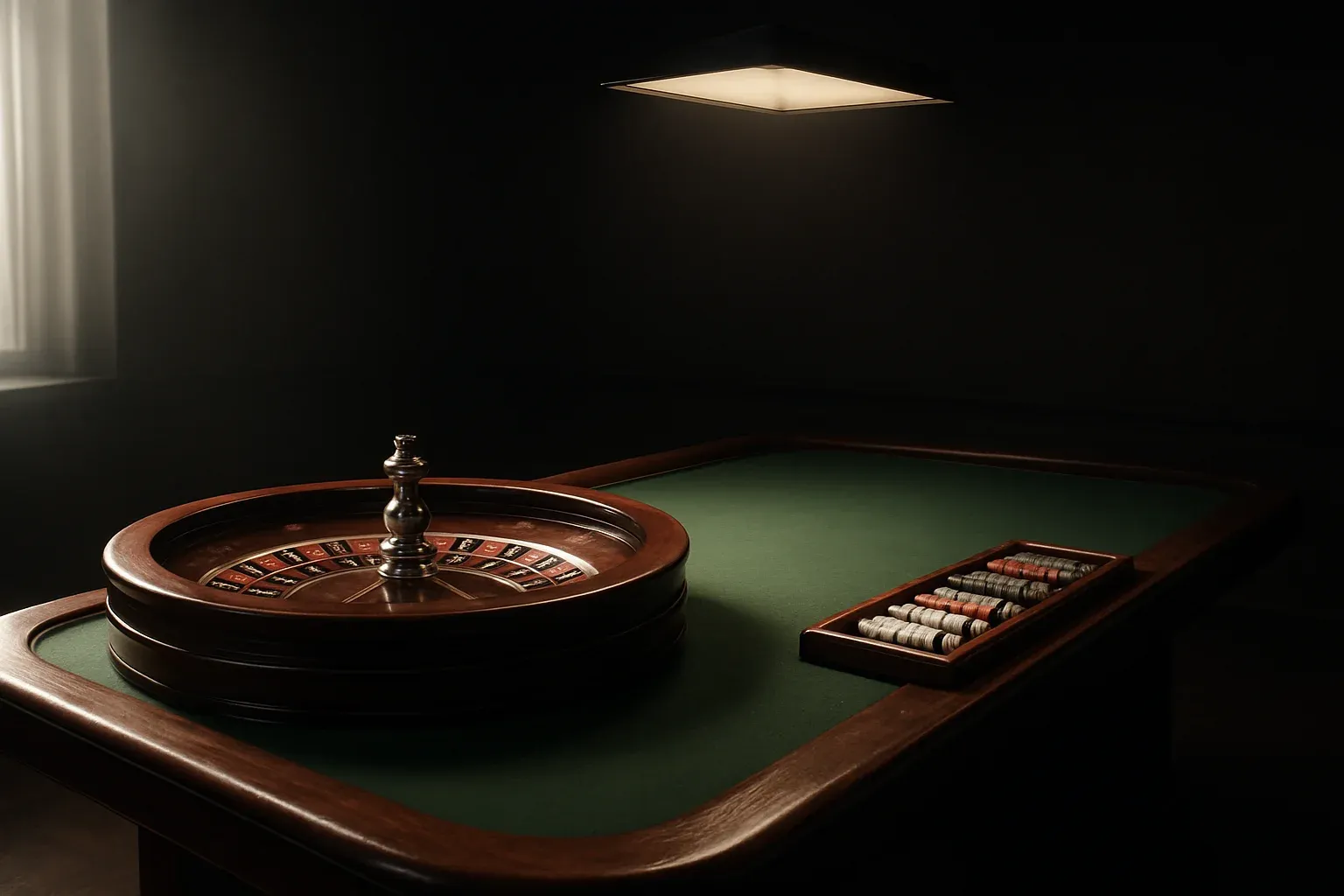 Premium live casino studio with empty roulette table and dramatic lighting