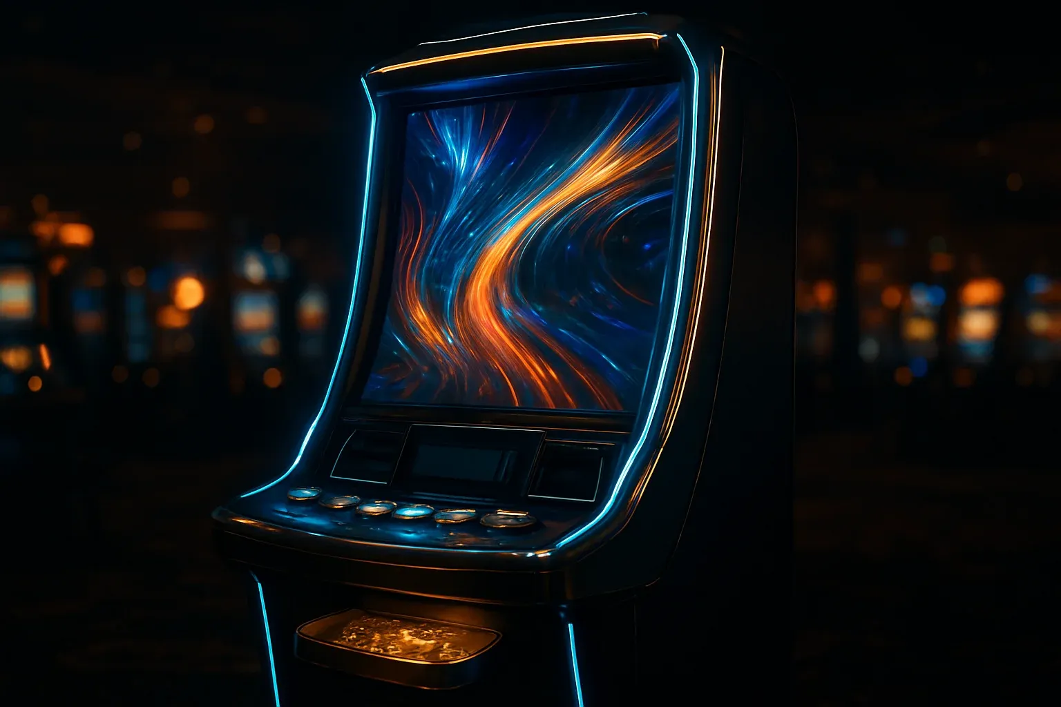 Premium slot machine glowing on dark luxury casino floor